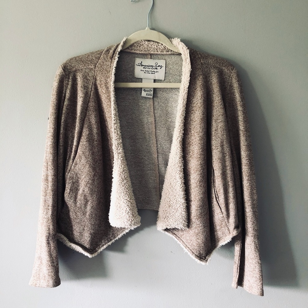 Open Front Waterfall Crop Fleece Cardigan Sweater XXS